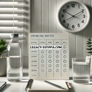 A desk with a water bottle, glass of water, and a planner showing a schedule for drinking water at specific times, promoting hydration and healthy routine habits.