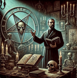 Anton LaVey discussing the history of Satan, surrounded by occult artifacts in a dark, mysterious atmosphere.