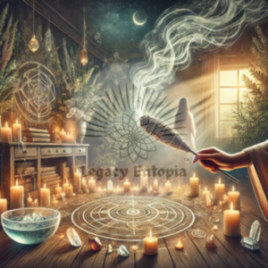 Spiritual house cleansing ritual with sage, candles, and crystals for ritual manifestation