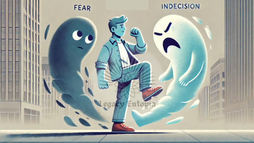 A confident person in everyday clothing, standing firmly with one foot forward, as if they’ve just kicked something away. In front of them, three ghostly, semi-transparent figures—representing fear, anger, and indecision—are tumbling backward and beginning to dissipate.