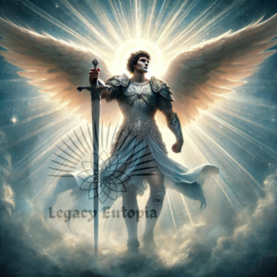 Archangel Michael standing tall with his sword, radiating strength and protection