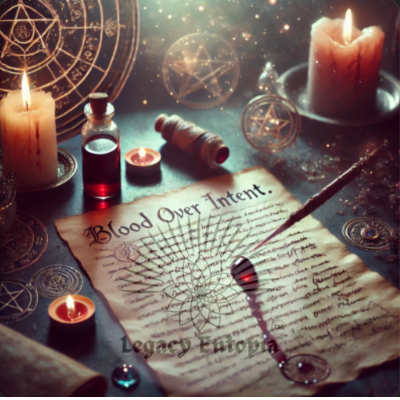 A mystical scene depicting the Blood Over Intent ritual, featuring a piece of parchment with written intent and a drop of blood on it, surrounded by candles and cosmic symbols. The image evokes a solemn and spiritual atmosphere, representing manifestation and personal intent.