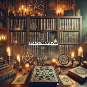 "Mystical book library interior with shelves of ancient books on spells, magic, divination, spirits, gods, and goddesses. Dim candlelight illuminates arcane symbols on the walls, with a wooden desk featuring an open grimoire and magical artifacts like crystals, candles, and tarot cards.