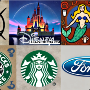 Collage of corporate sigils, featuring Disney's castle, Starbucks' mermaid logo, and Ford's blue oval symbol.