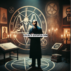 Anton LaVey discussing the history of Satan, surrounded by occult symbols.