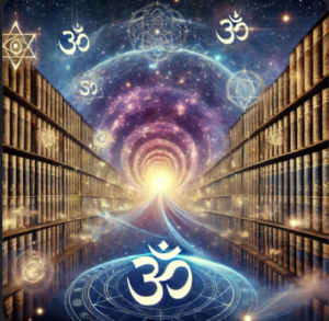 A mystical representation of the Akashic Records featuring glowing, infinite shelves of ethereal books set against a cosmic backdrop with stars and swirling galaxies. Spiritual symbols, including sacred geometry and the Om symbol, are subtly integrated, creating a serene and otherworldly atmosphere.