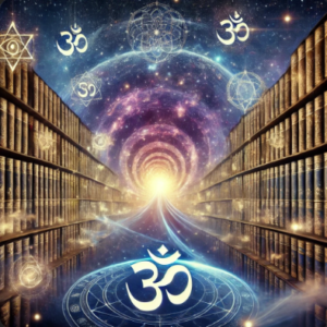 akashic A mystical representation of the Akashic Records featuring glowing, infinite shelves of ethereal books set against a cosmic backdrop with stars and swirling galaxies. Spiritual symbols, including sacred geometry and the Om symbol, are subtly integrated, creating a serene and otherworldly atmosphere.