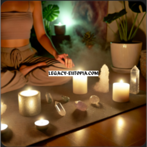 Ritual manifestation scene with candles and crystals, illustrating the practice of intention and focus.