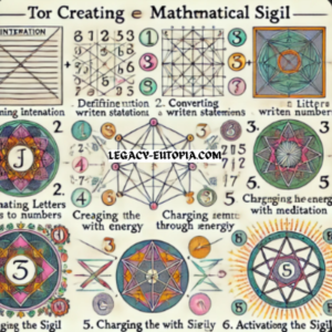  Illustrated steps for making mathematical sigils, showcasing intention definition, number conversion, and design.