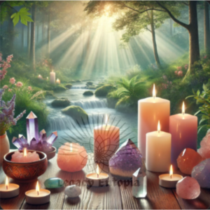 Meditation space with candles and crystals for spiritual practices.