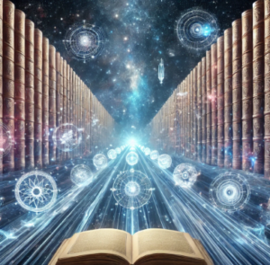 Spiritual Video Gallery Mystical representation of the Akashic Records with glowing, ethereal bookshelves extending into a cosmic background, symbolizing the timeless wisdom of the universe