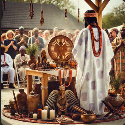 Yoruba priest conducting a ritual, invoking Orishas in the Yoruba religion.