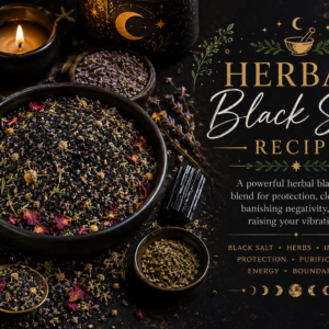 Herbal black salt recipe made with sea salt, activated charcoal, rosemary, lavender, rose petals, protective herbs, crystals, and ritual ingredients.