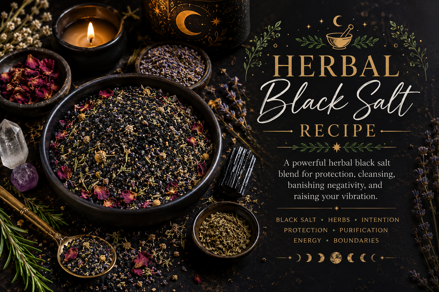 Herbal black salt recipe made with sea salt, activated charcoal, rosemary, lavender, rose petals, protective herbs, crystals, and ritual ingredients.