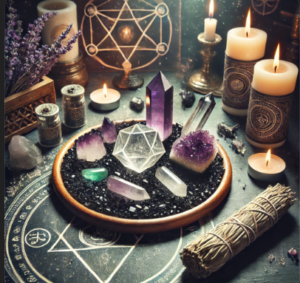 Spiritual tools and ritual supplies: black salt, crystals, and sage.