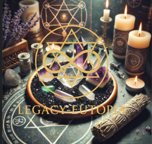 Spiritual tools and ritual supplies: black salt, crystals, and sage.