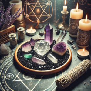 Spiritual tools and ritual supplies: black salt, crystals, and sage.
