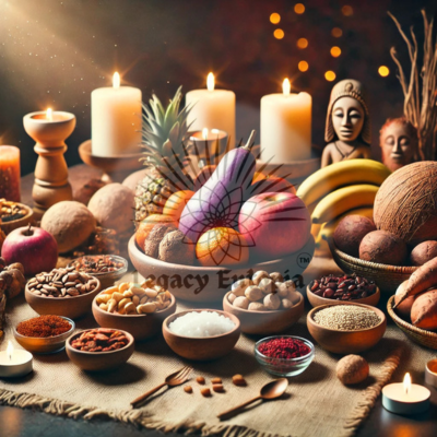 An altar with traditional food offerings for the Orishas, including fruits, yams, and grains.