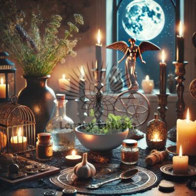 Hecate New Moon ritual setup with candles, herbs, offerings, and symbolic items