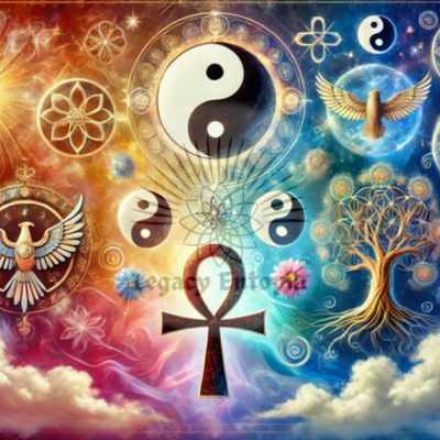 Artistic representation of various spiritual symbols, including the Ankh, Yin-Yang, and Tree of Life.