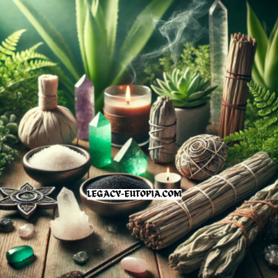 Spiritual tools and ritual supplies: black salt, crystals, and sage. Image Description: 