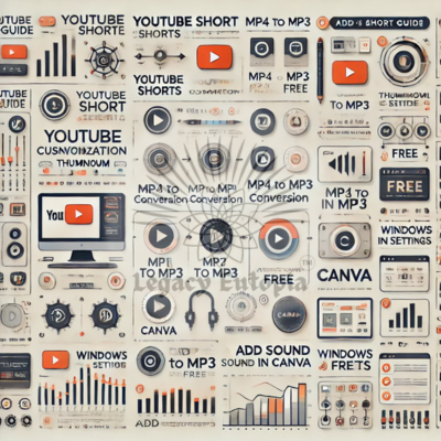 Infographic displaying various tech tasks, including YouTube Shorts creation, thumbnail customization, MP4 to MP3 conversion, Canva sound editing, Windows 11 customization, and methods to create Shorts.