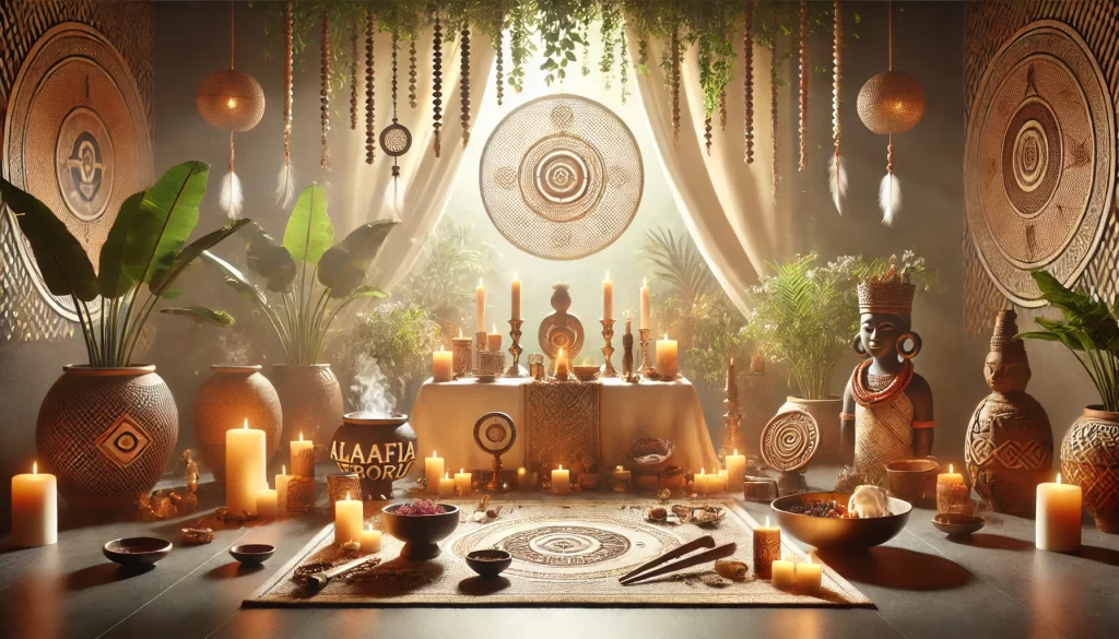 A serene scene depicting Yoruba healing rituals with an altar, candles, offerings, and sacred symbols, representing Alaafia Eboriru practices in a tranquil environment.