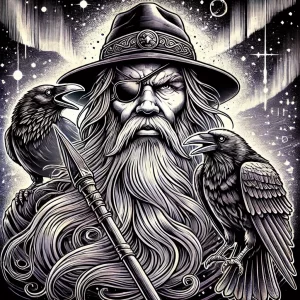 gods and goddesses A powerful depiction of Odin, the Norse god, with one eye, surrounded by his ravens Huginn and Muninn, set against a dramatic sky. Image Description: This illustration showcases Odin as a wise old man wearing a wide-brimmed hat and a cloak. He holds a spear, embodying strength and knowledge, with a background filled with stars and the northern lights, capturing the essence of Norse mythology.