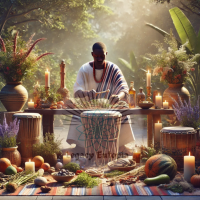 Yoruba healing ritual, showcasing offerings, herbs, and drumming as part of the ceremony