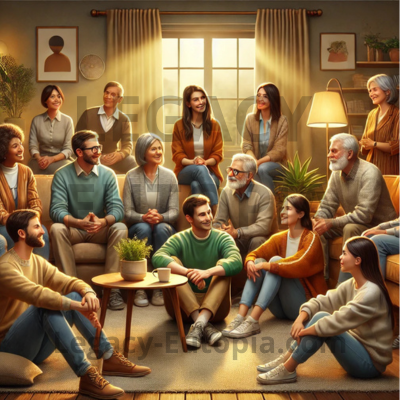 A diverse group of people sitting together in a cozy living room, engaging in warm and empathetic conversation to improve their relationships.