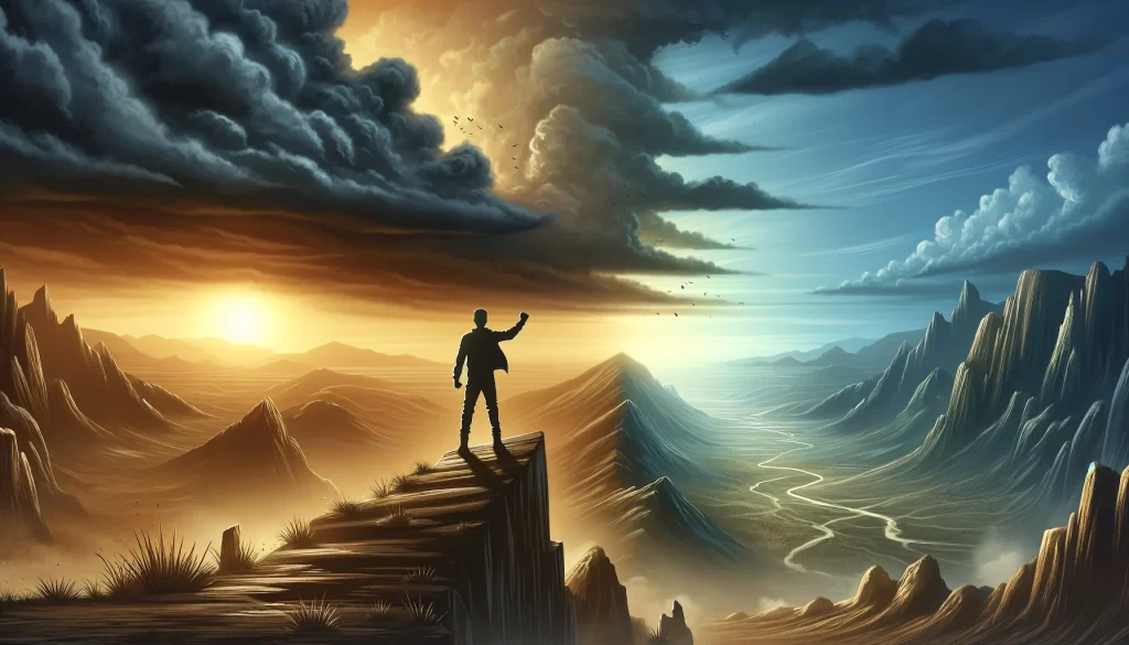 A 16:9 widescreen illustration featuring a lone figure standing atop a rocky ledge overlooking a vast landscape. The person’s stance is strong and confident, arms raised slightly, as if ready to face whatever comes next. The sky behind them transitions from stormy clouds on the left to a clear, sunrise glow on the right, symbolizing moving from fear to empowerment. Below, rugged terrain and a winding path hint at challenges overcome. The color palette includes warm oranges and yellows from the sunrise, balanced by the cool grays and blues of fading clouds. The overall mood should convey strength, resilience, and the moment right before taking decisive action.