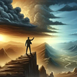 A 16:9 widescreen illustration featuring a lone figure standing atop a rocky ledge overlooking a vast landscape. The person’s stance is strong and confident, arms raised slightly, as if ready to face whatever comes next. The sky behind them transitions from stormy clouds on the left to a clear, sunrise glow on the right, symbolizing moving from fear to empowerment. Below, rugged terrain and a winding path hint at challenges overcome. The color palette includes warm oranges and yellows from the sunrise, balanced by the cool grays and blues of fading clouds. The overall mood should convey strength, resilience, and the moment right before taking decisive action.