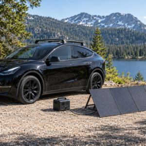 Black Tesla beside a four-panel solar array tesla 369 method