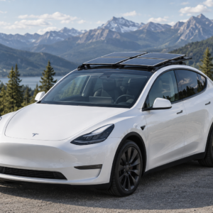tesla 369 method White Model Y with Four Solar Panels