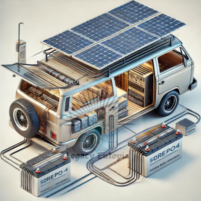 Vehicle solar power setup with flexible solar panels, inverter, and lithium battery