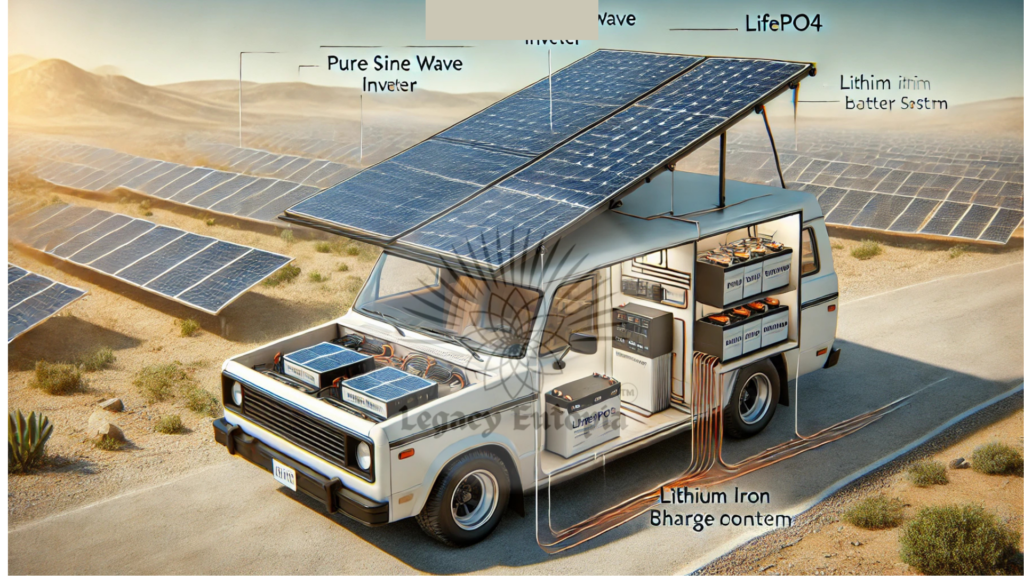 Vehicle solar power setup with flexible solar panels, inverter, and lithium battery 