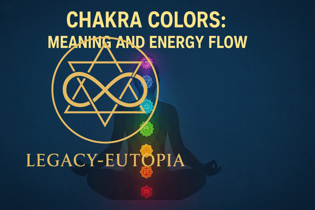 Chakra colors meaning and energy flow illustration with glowing chakras.