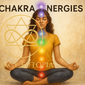 Chakra energies unlocking inner harmony illustration with meditating figure.