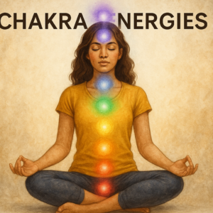 Chakra energies unlocking inner harmony illustration with meditating figure.
