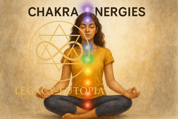 Chakra energies unlocking inner harmony illustration with meditating figure.