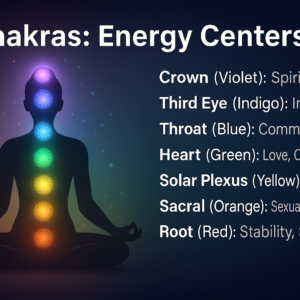 Chakras energy centers illustration with glowing chakra colors on human body.