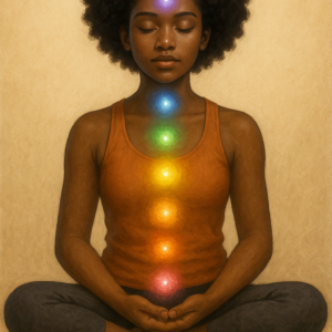 Crystals for chakras balancing energy with stones illustration showing a meditating figure with glowing chakras and crystals. command practice