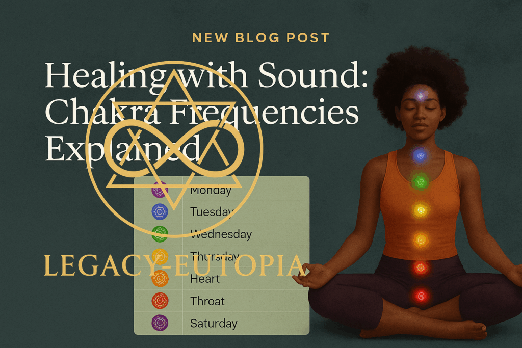 Healing with sound chakra frequencies explained image with woman meditating.