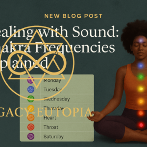 Healing with sound chakra frequencies explained image with woman meditating.