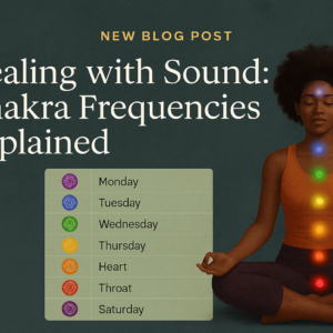 Healing with sound chakra frequencies explained image with woman meditating.