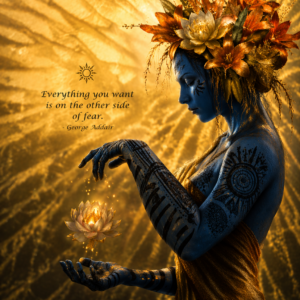 Blue-skinned woman with dark tattoos holding a glowing lotus against a radiant golden background with inspirational quote