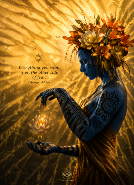 Blue-skinned woman with dark tattoos holding a glowing lotus against a radiant golden background with inspirational quote