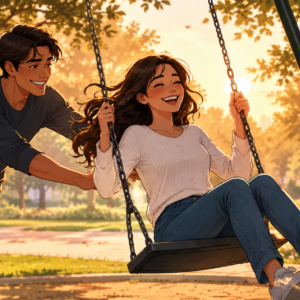 Happy couple in a park with a man pushing a woman on a swing, symbolizing love, connection, trust, and joyful companionship.