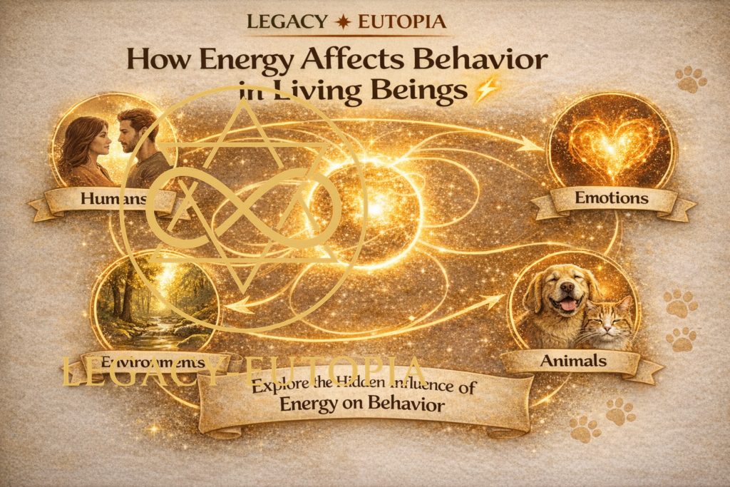 nfographic showing how energy affects behavior in living beings including humans, emotions, environment, and animals connected by energy flow