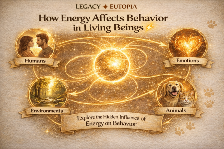 nfographic showing how energy affects behavior in living beings including humans, emotions, environment, and animals connected by energy flow